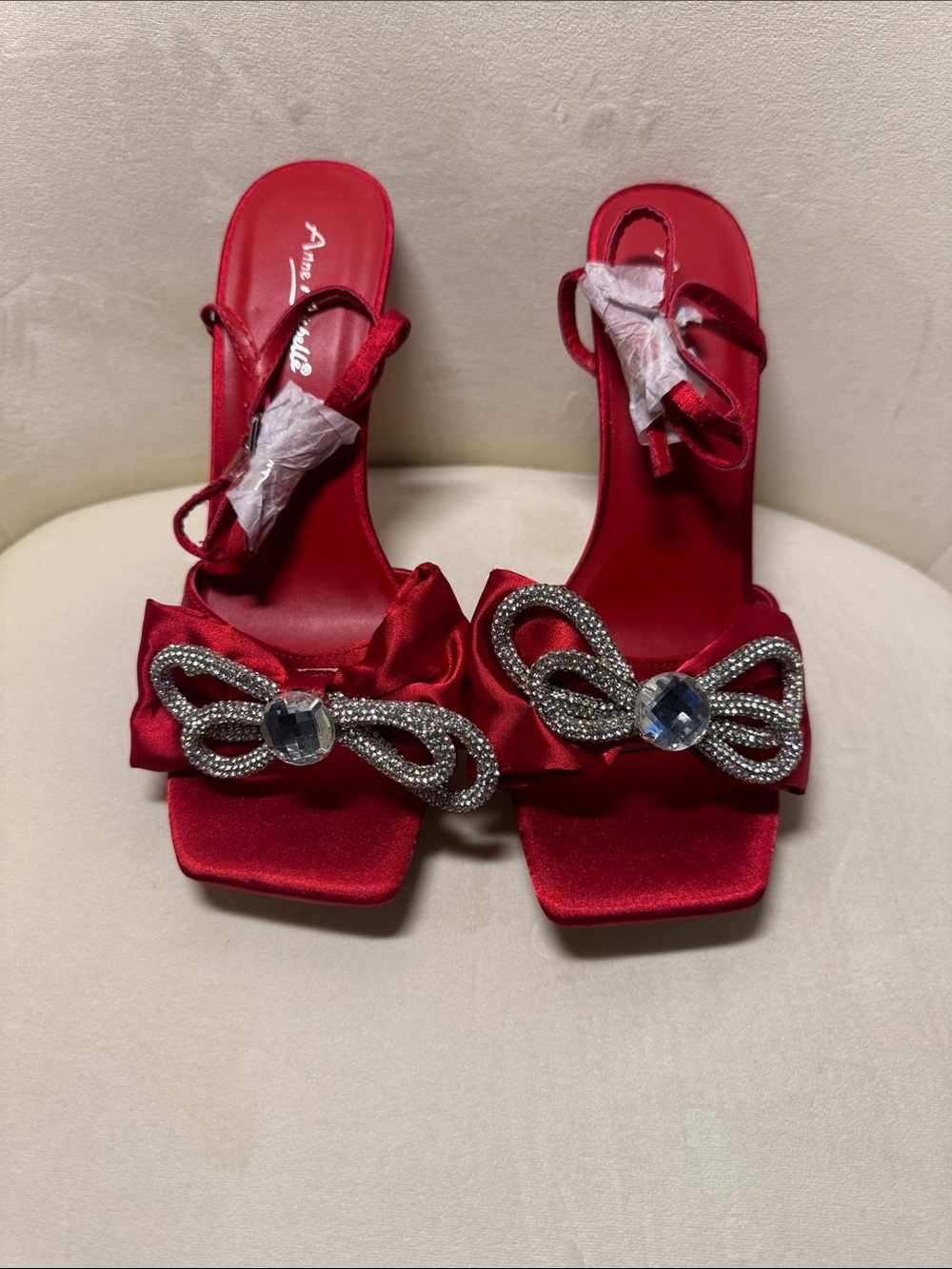 Ann Michell Red Satin Slide Sandals with Crystal Bow Accent